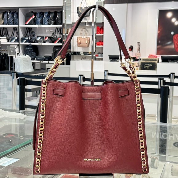 Michael Kors Mina Large Chain Shoulder Pebbled Leather Bag Dark Cherry - Picture 1 of 14